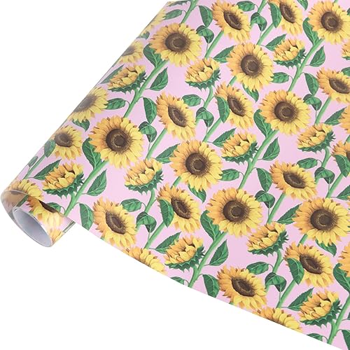 Tintnut Rollo de vinilo permanente de girasol, 12 pulgadas x 5 pies, hojas de vinilo adhesivas con patrón floral de sol floreciente con fondo rosa,