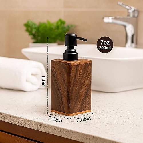 Miniatura 3 de Dispensador de jabón de madera maciza de 6.8 fl oz para baño, cocina, bomba de jabón de manos recargable de madera, dispensador de loción,