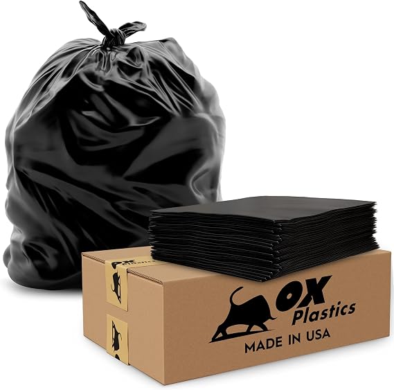 Ox Plastics Trash Can Liners Bags - 42 Gallon Capacity & 2mil Thick Extra Heavy Duty Strength - Large Garbage, Leak-Proof & Durable, House & Commercial Use Bags Black 37 X 43 (50 Count)