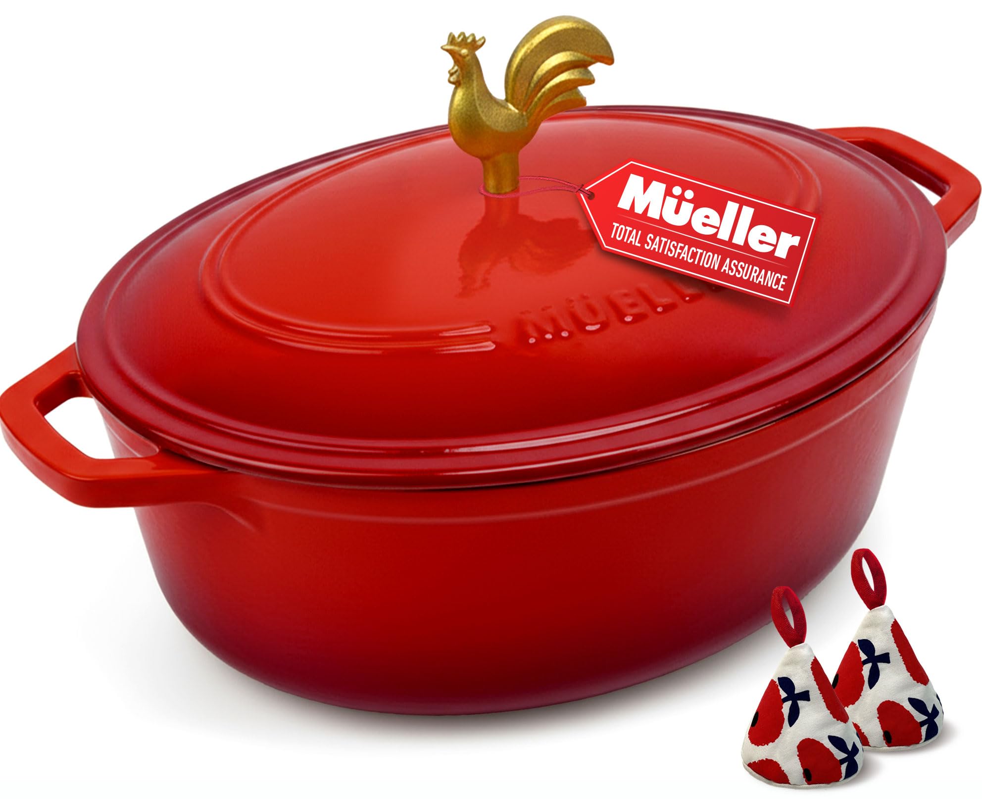 MÃœELLERHOME 5.5 Quart Enameled Cast Iron Oval Dutch Oven, Rooster Knob, Heavy-Duty Cookware, Oven-Safe up to 500Â° F & Across All Cooktops, Cooking Pot with Lid, Gifts for Grandma & Women, Red
