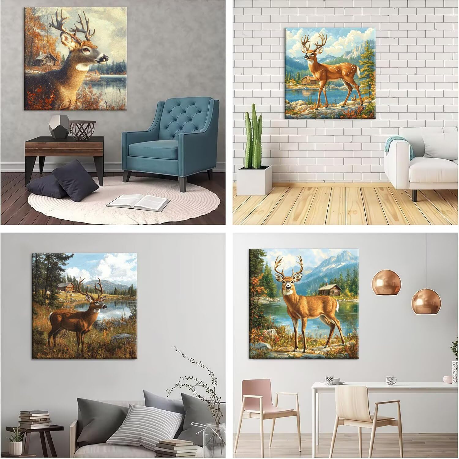 Krajobraz jeleń, diamentowy obraz, obraz 5D, 60 x 60 cm, t-192 | Zestaw 4 sztuk diamentowych malarstwa dla dorosłych, 5D "zrób to sam", mozaika do relaksu i jako dekoracja ścienna na prezent