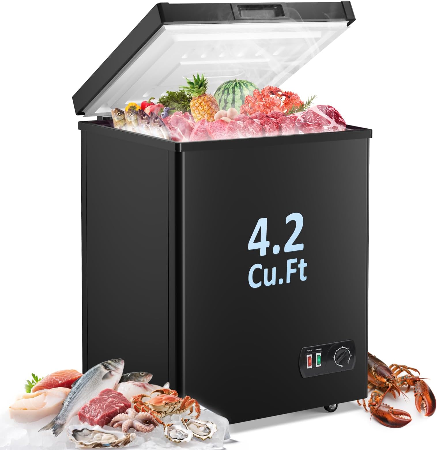 LifePlus Chest Freezer - 4.2 Cubic Feet Deep Freezer Compact Freezer with Fast Cold 7 Adjustable Temperature Convenient Pulley, Small Freezer with Low Noise Energy Saving, Black