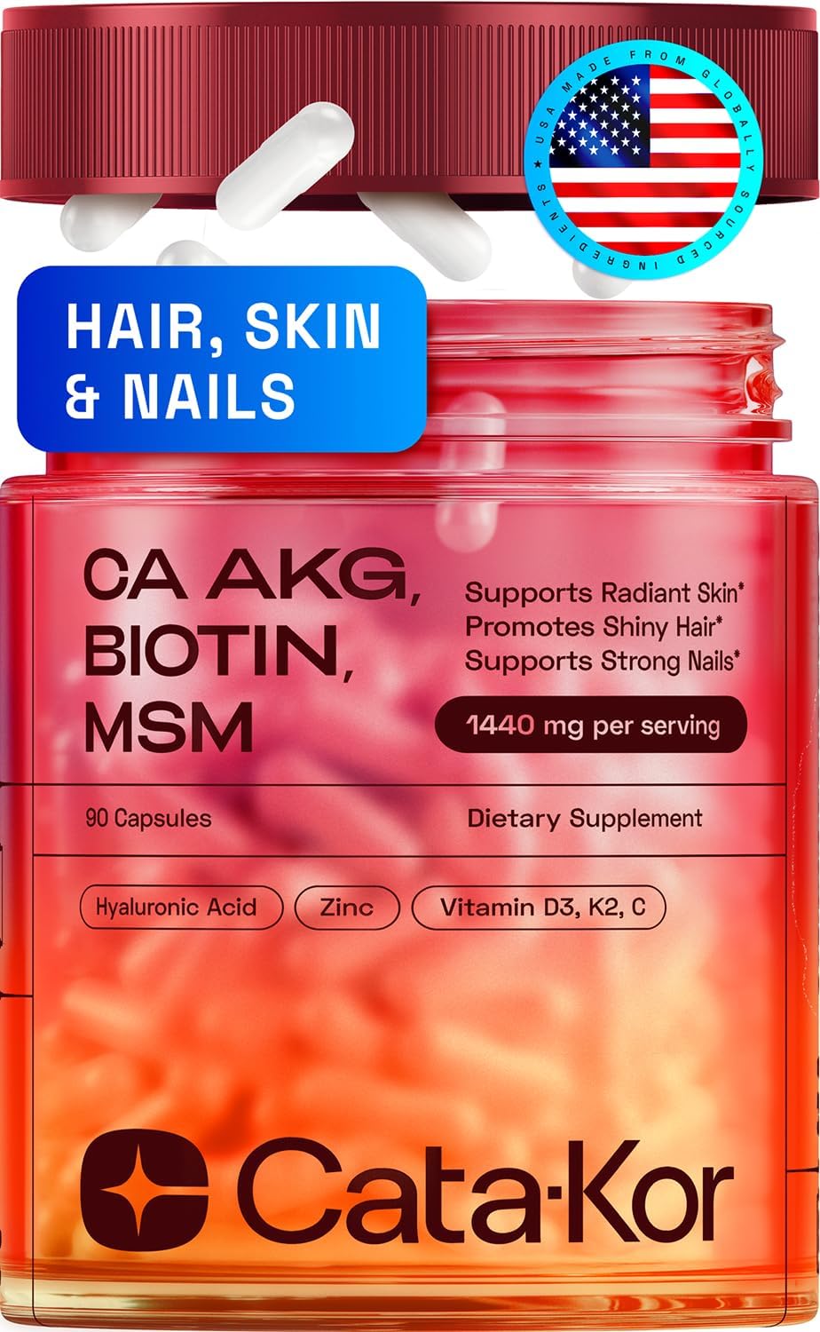 Hair Skin and Nails Vitamins – Biotin | Hyaluronic Acid | Calcium AKG | MSM | Vitamin C & Vitamin D3 K2 – Hair Vitamins for Women – Promotes Shiny Hair & Radiant Skin – 90 Capsules (1 Pack)