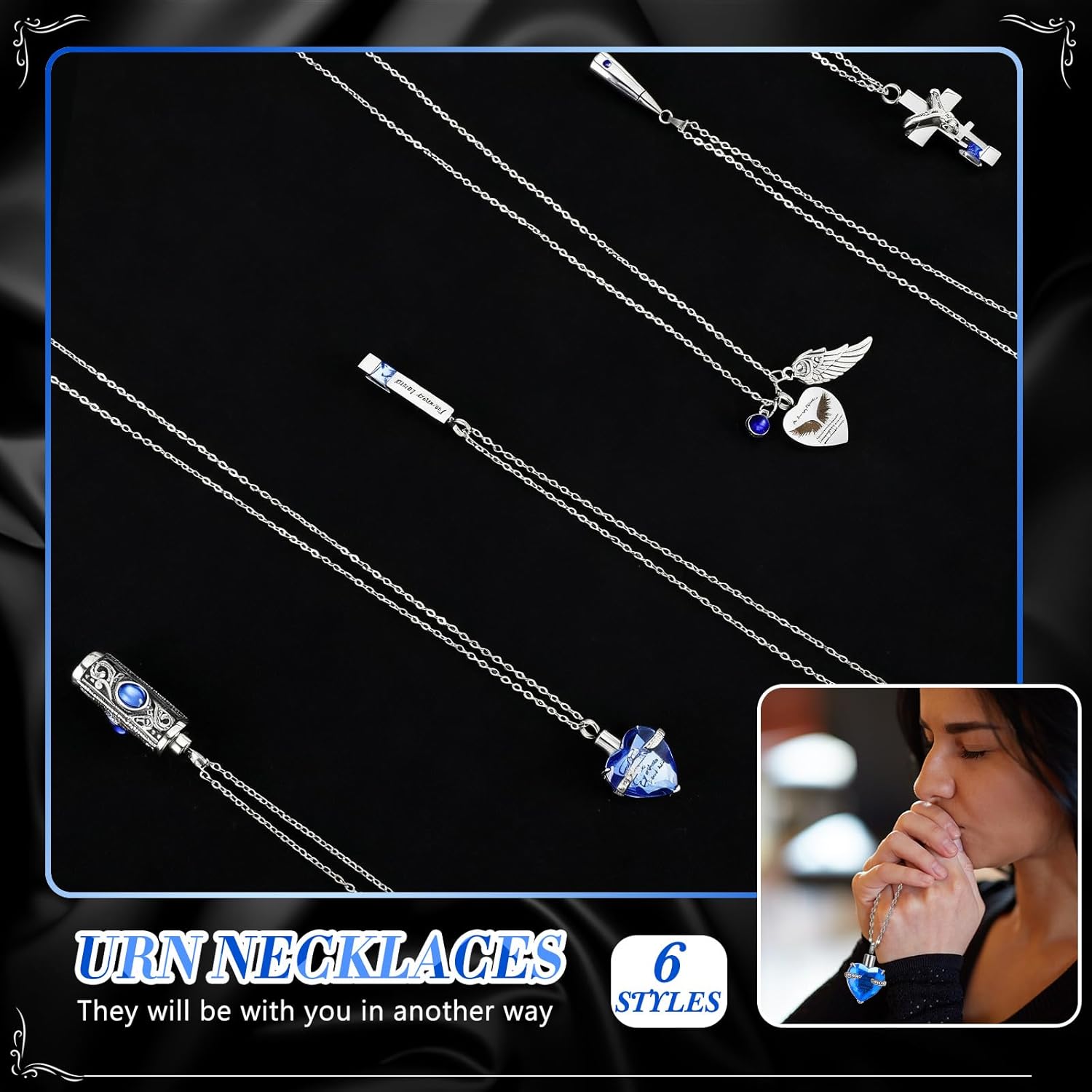 Ecation 12 Set Small Urn Cremation Jewelry Necklaces for Ashes Stainless Steel Keepsake Urns Memorial Locket Mini Ash Holders Waterproof for Human Adult Female Male Family Loved One(Blue)