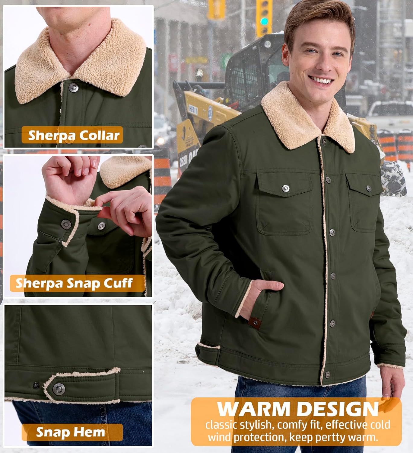 NAVEKULL Men's Warm Winter Jacket Thick Cotton Fleece Lined Work Coat Thermal Lapel Sherpa Cargo Trucker Jacket - Image 6