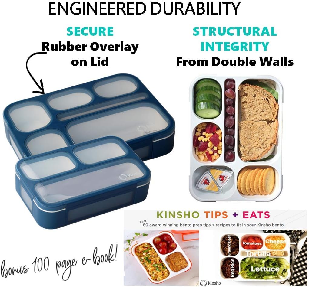 kinsho Bento Lunch-Box Set for Kids includes Snack Container | 6 and 3 Compartment Boxes Leakproof School Bentos, Meal Portion Control Containers, Boys Girls Adults, Navy Blue Large + MINI 2 Pack Set
