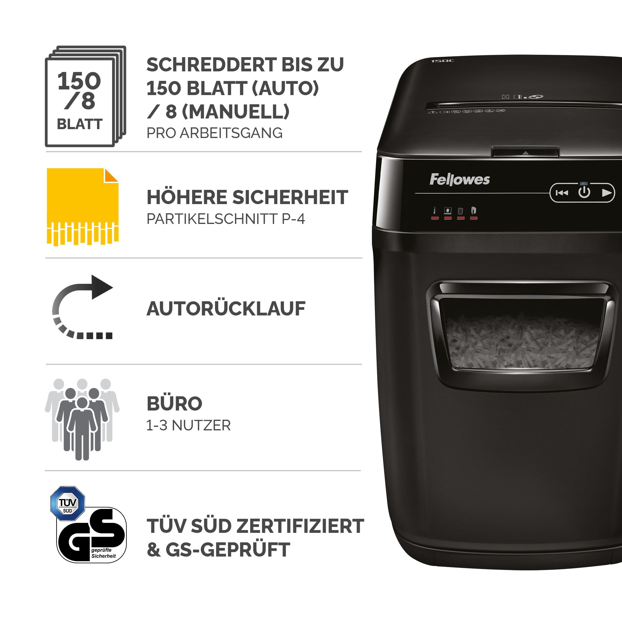 Fellowes Auto-Feed 150C Partikelschnitt Aktenvernichter (P-4), 150 Blatt, für 1-3 Nutzer im Büro oder Home Office mit SilentShred, geeignet zur Datenschutz-Grundverordnung (DSGVO 2018)