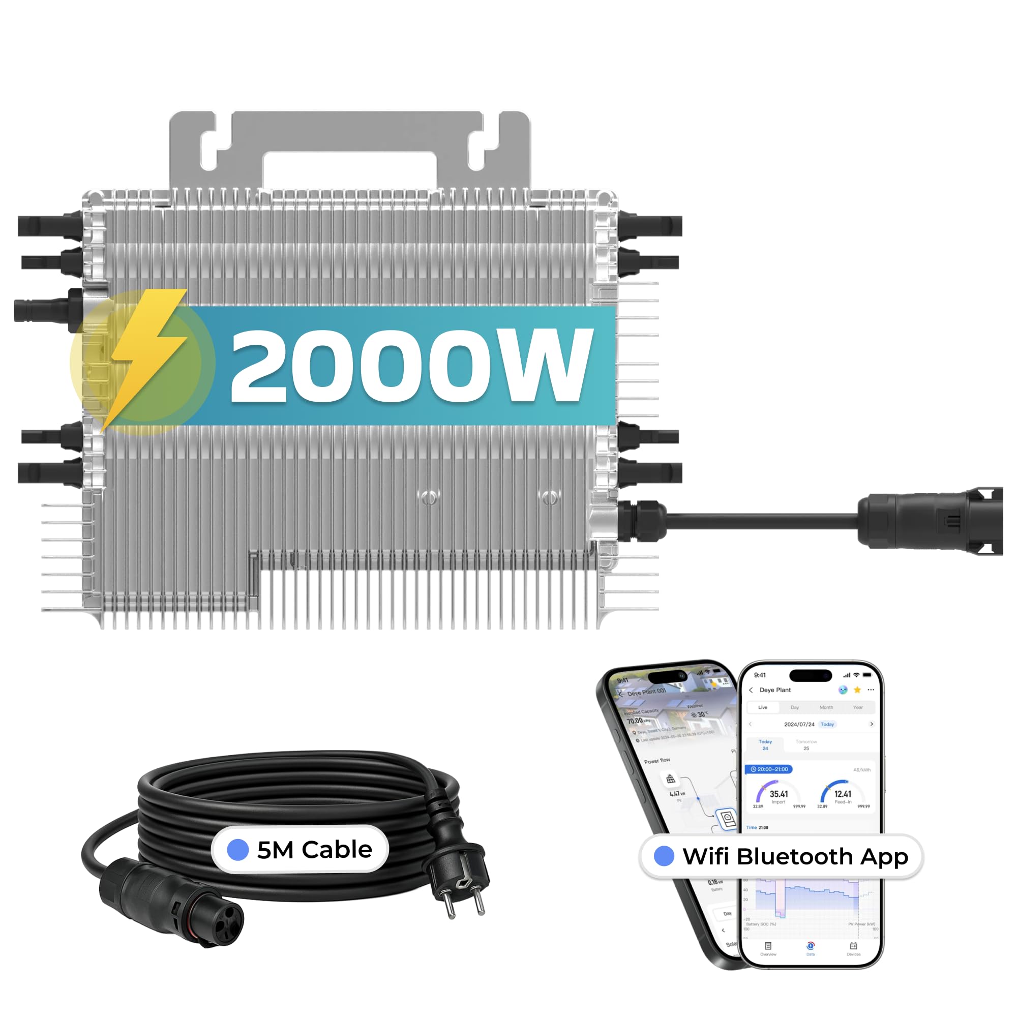 DEYE Mikro-Wechselrichter 2000 W SUN-M200G4-EU-Q0 inkl. 5m Anschlusskabel für Mini-PV Solaranlage Balkonkraftwerk, IP67 wetterfest, 4 MPPT, WiFi, Micro Inverter