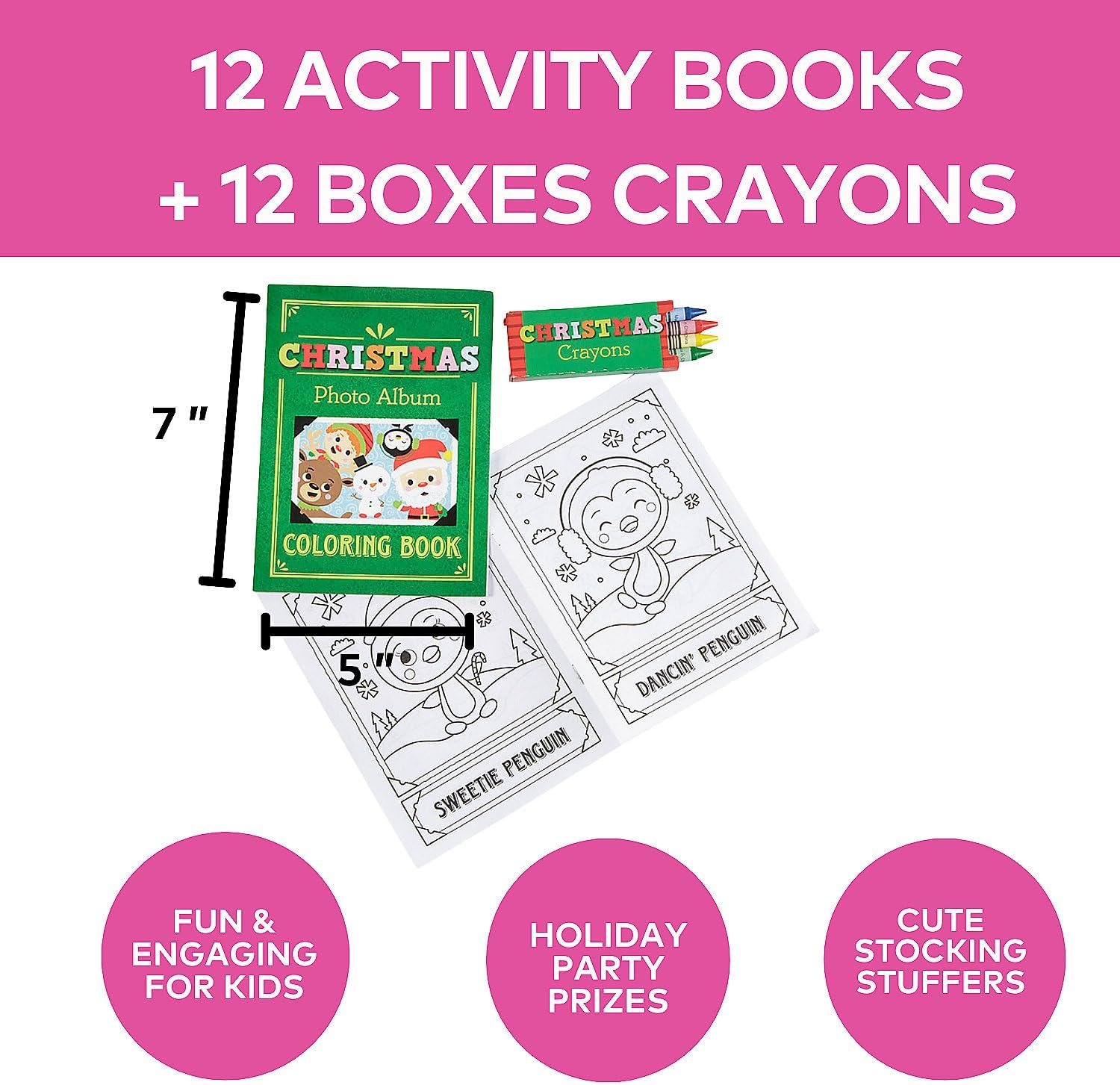 Fun Express Christmas Coloring Books with Box of Crayons (12 Books and 12 Boxes of Crayons) Stocking Stuffers and Christmas Party Favors