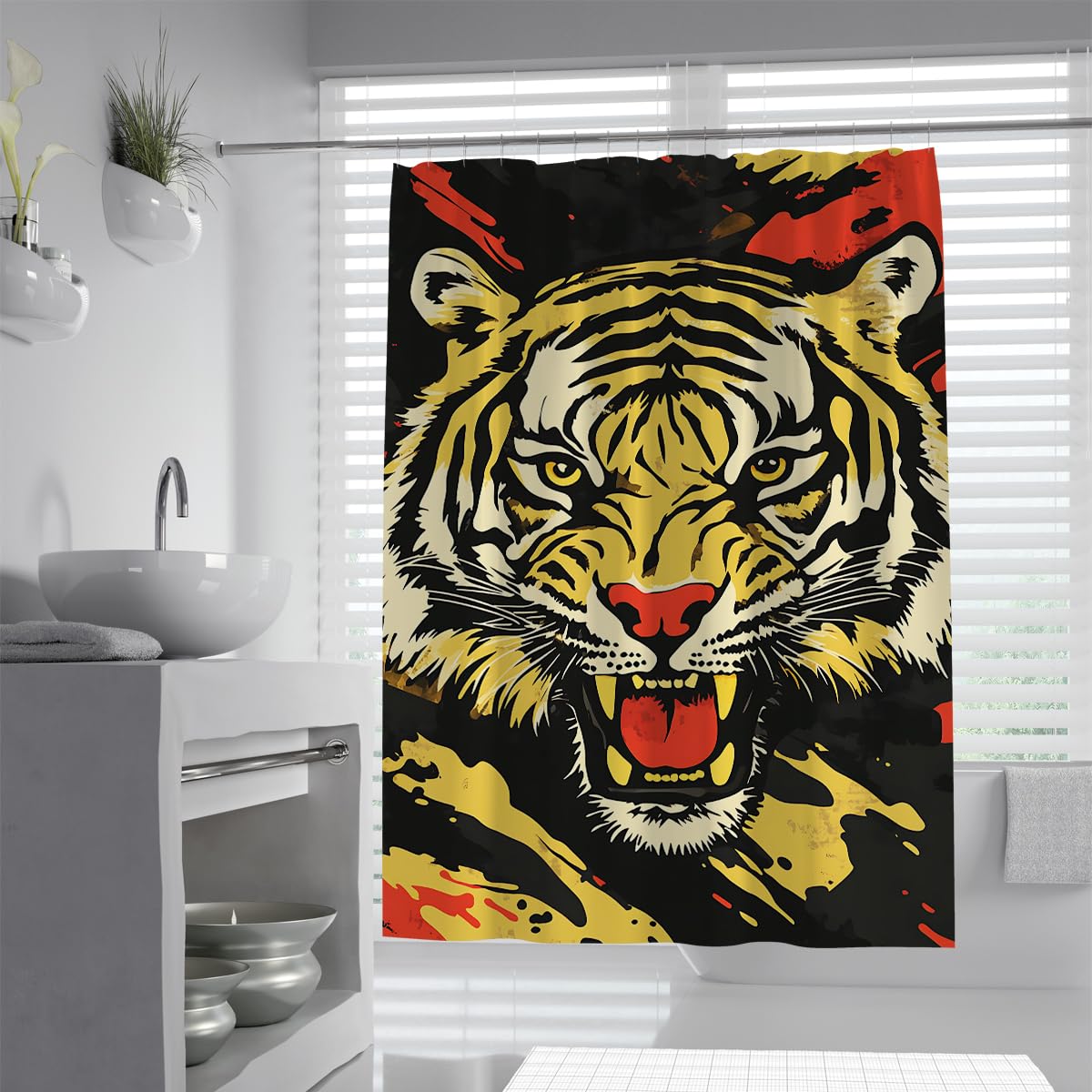UIRINGART Vibrant Roaring Tiger Shower Curtain W200xL240cm Bold Wildlife Art Polyester Mould Resistant Washable Easy To Clean Wet Room Bath Curtain with Hooks