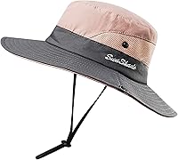 Vista 45 de Sombrero de pesca de playa de ala ancha para mujer, con protección UV, plegable, con agujero para cola de caballo
