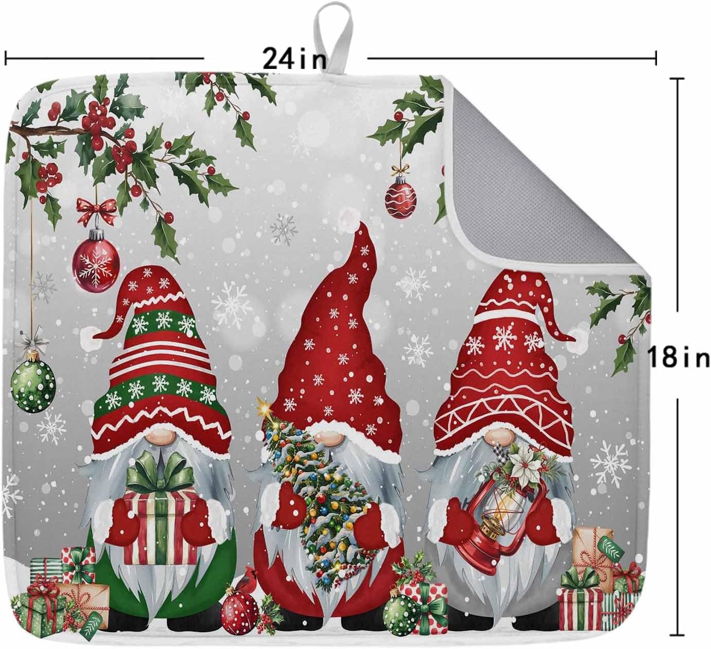 Dish Drying Mat 18 x 24 Inch, Grey Gnomes Christmas Absorbent Microfiber Coffee Mats for Kitchen Xmas Balls Branches Winter Snowflake Quick Drying Dish Drainer Pad 2 Pack