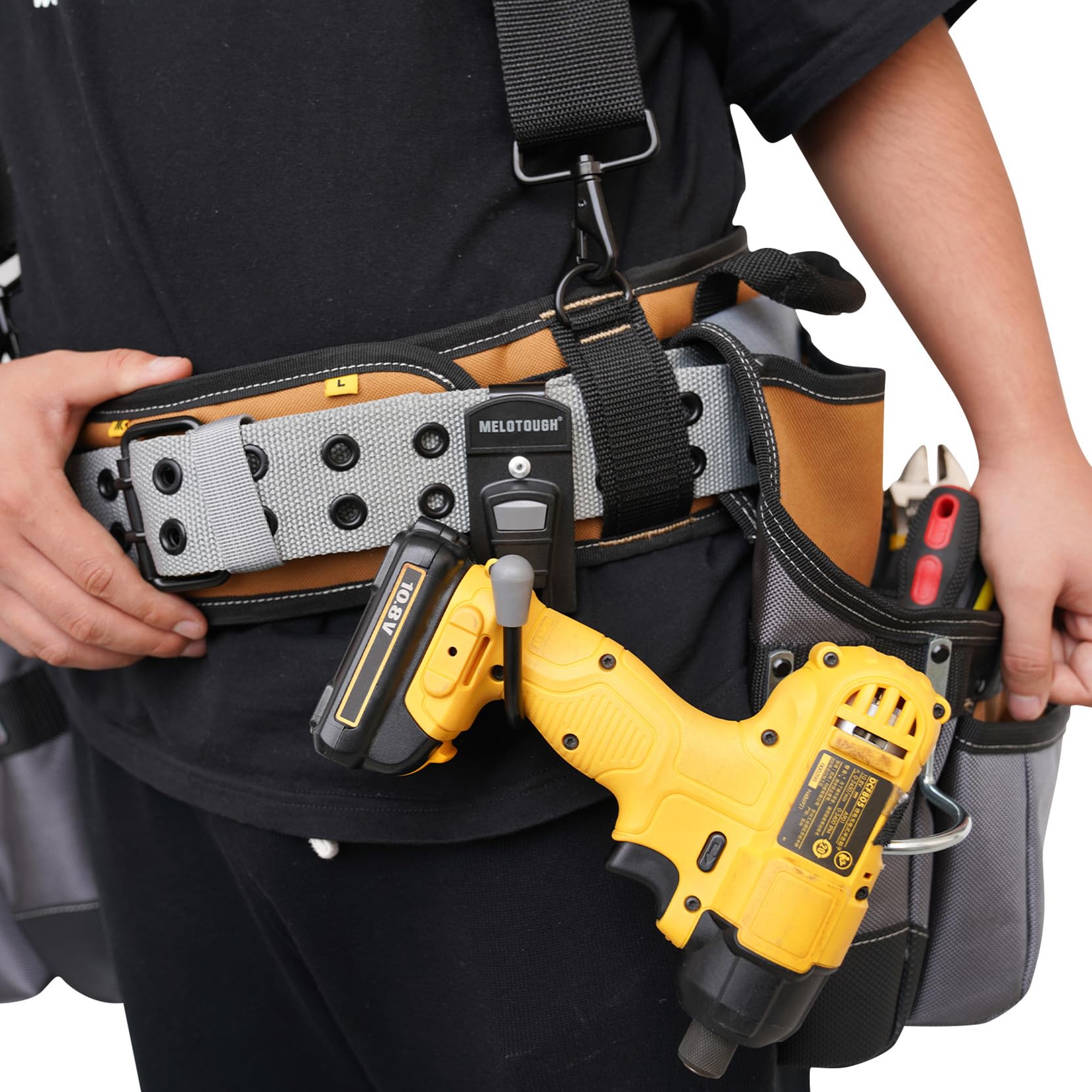 MELOTOUGH Gancio per cintura per attrezzi, fondina per trapano senza fili, con clip in metallo, per cintura da lavoro (grigio, 1 pezzo)
