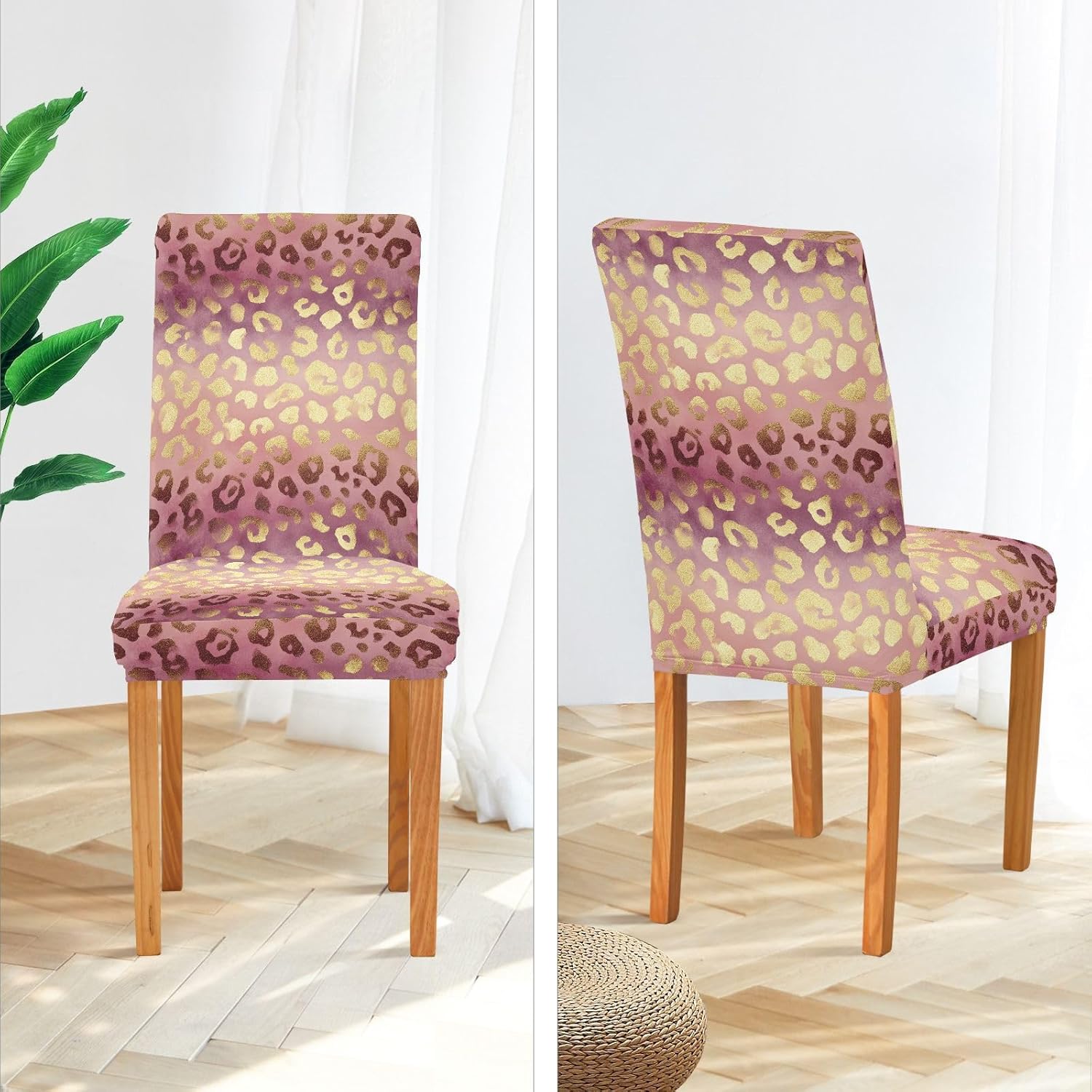 ALAZA Chair Covers for Dining Room, Gloden Rose Animal Leopard Cheetah Print Stretch Chair Cover Sets Chair Protector Removable Washable for Ktichen Restaurant Hotel