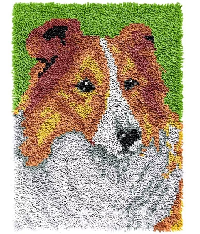 Latch Hook Kit for Adults & Kids Complete DIY Rug Making Craft Kits with Yarn & Canvas and Crochet Needle, Adult Craft Kits for Women, Relaxing Home Art Project - Yellow Border Collie 50x38cm — image 1
