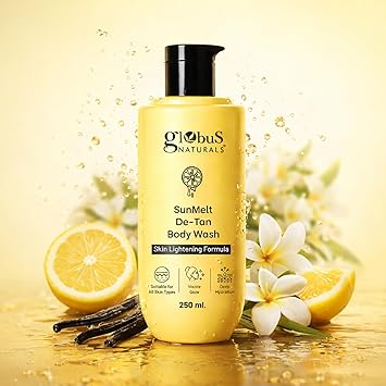Globus Naturals SunMelt De-Tan Body Wash – Skin Brightening & Tan Removal Cleanser with Lemon & Papaya | Gentle Hydration & Glow | For All Skin Types | 250 ml