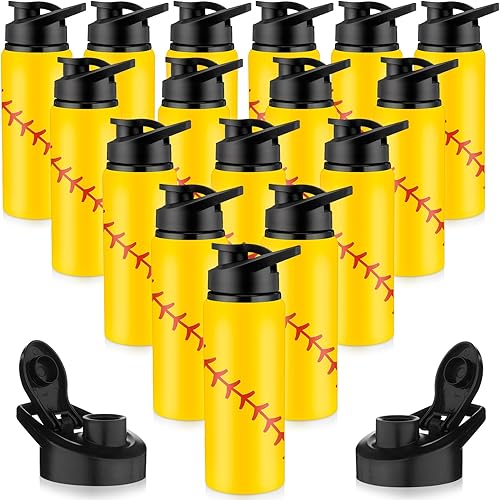 16 botellas de agua de sóftbol de regalo de softbol, botella de agua de aluminio, tapa a presión, botellas reutilizables a prueba de fugas, botellas