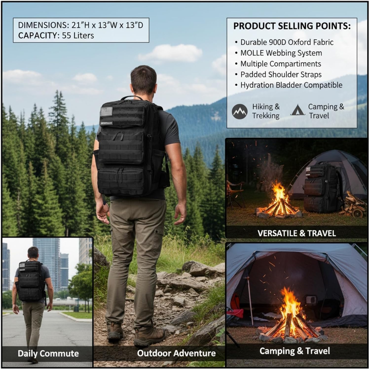 Military Tactical Backpack 55L for Men & Women Bug Out Bag Assault pack Molle Daypack Hiking Trekking Rucksack (Black)