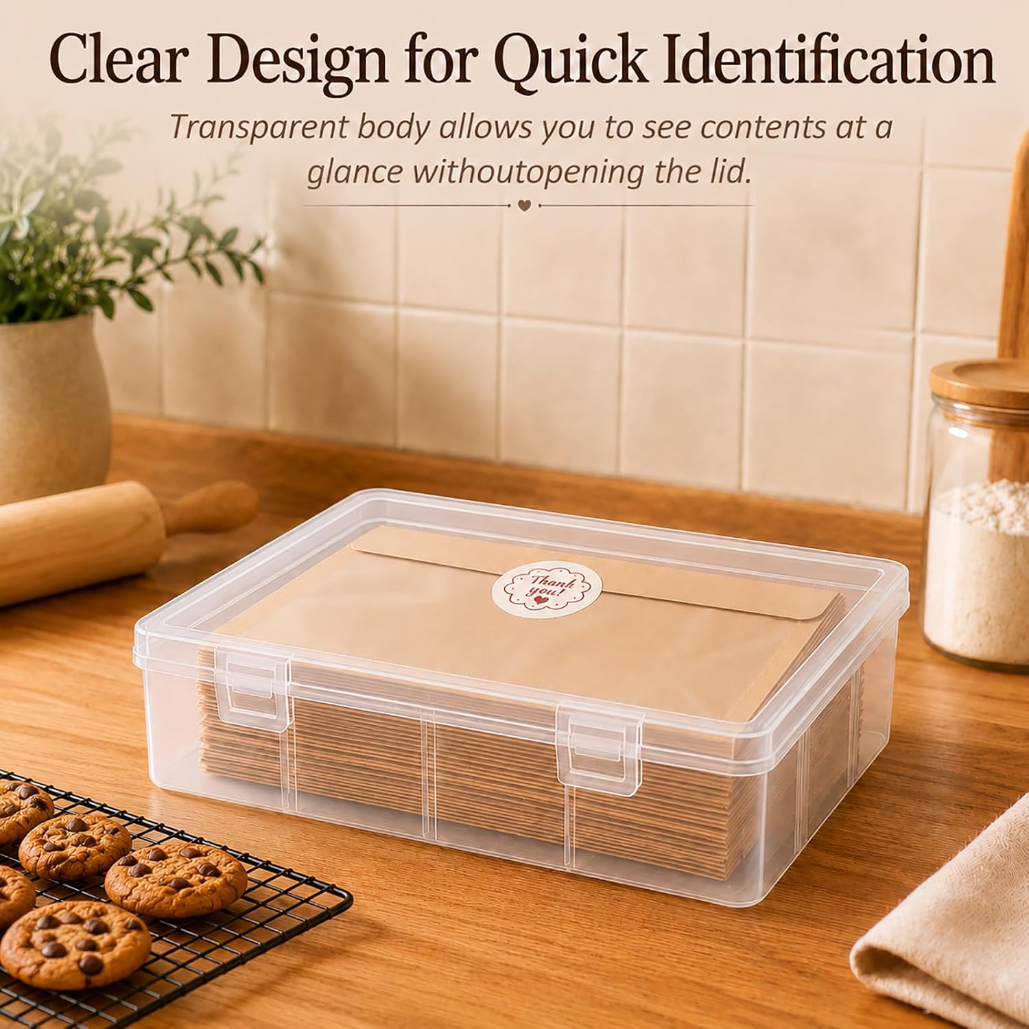 AgePlace Bakery Bag and Cookie Bag Organizer, 8.86 x 7.87 x 1.97 Inch Clear Plastic Storage Box with Lid, Storage Case for Treat Bags, Cards, Photos and Stickers,2 Snap Latches and Hanging Hole,1-Pack image 3