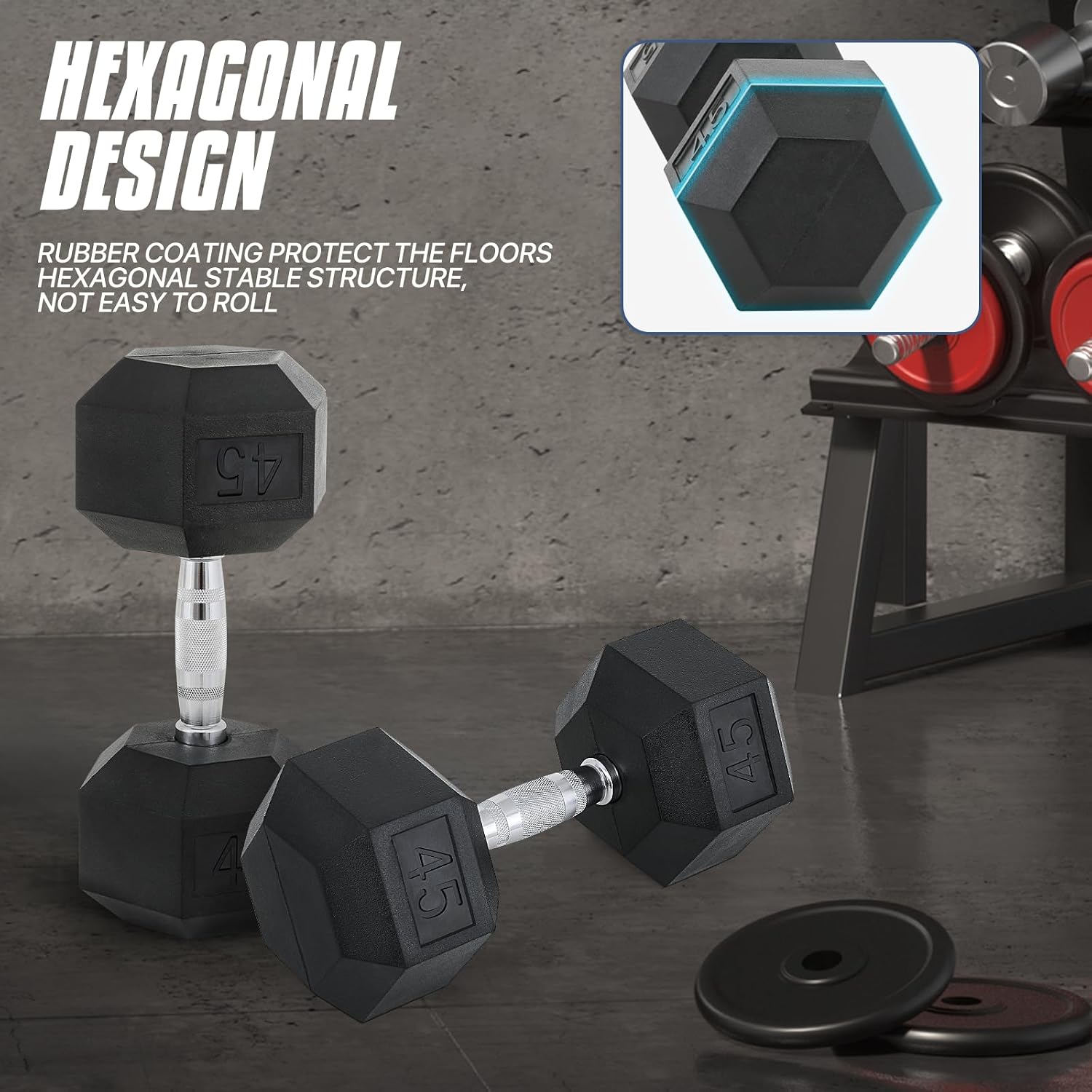 MADOG Hex-Dumbbell, Rubber Coated Cast Iron Dumbbell, Hand Weights With Anti-Slip Grip, 30-50 LBS, Single