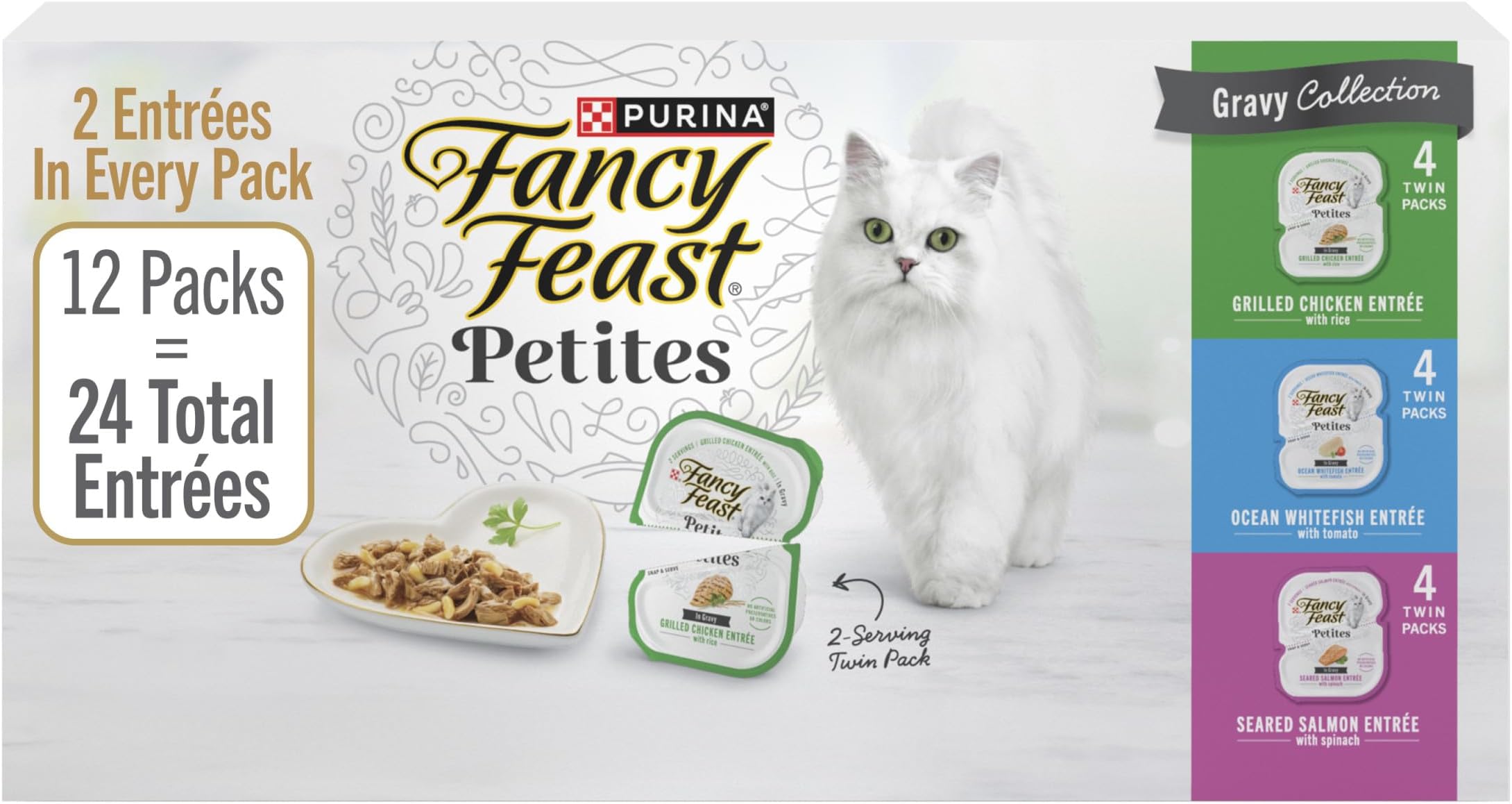 Purina Fancy Feast Gourmet Wet Cat Food Variety Pack, Petites Gravy Collection, break-apart tubs, 24 servings - (Pack of 12) 2.8 oz. Tubs