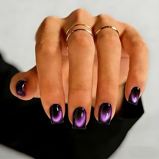 Cat Eye Press on Nails Short, Handmade Press on Nails Square, Thick Chrome Black Purple Fake Nails Press ons for Women Birthday Party, Reusable Magnet Glitter Glue On Nails in 15 Sizes, 30 Pcs