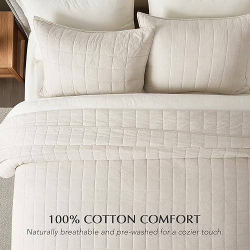 Miniatura 2 de EVERGRACEHOME Juego de ropa de cama de 3 piezas de 100% algodón con puntada de caja, tamaño King, ligero, suave y acogedor, juego de colcha