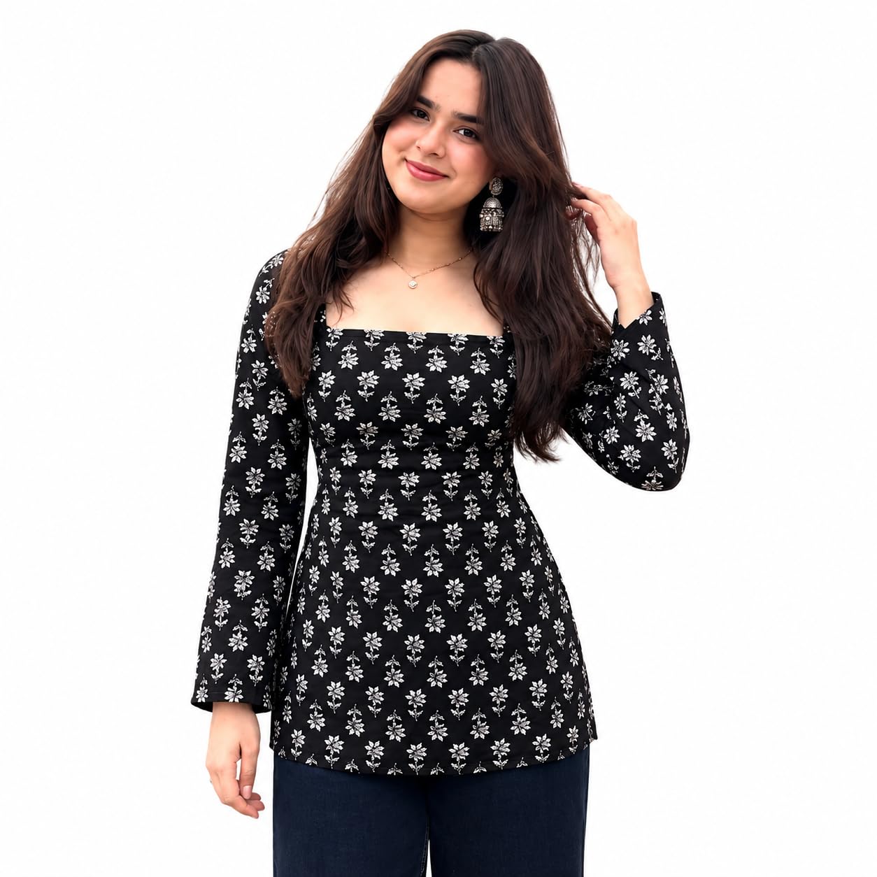 Women's Black Printed Square Neck Top | Full Sleeve Fitted Tunic Top with Back Tie-Up | Casual Ethnic for Women & Girls-picture-36