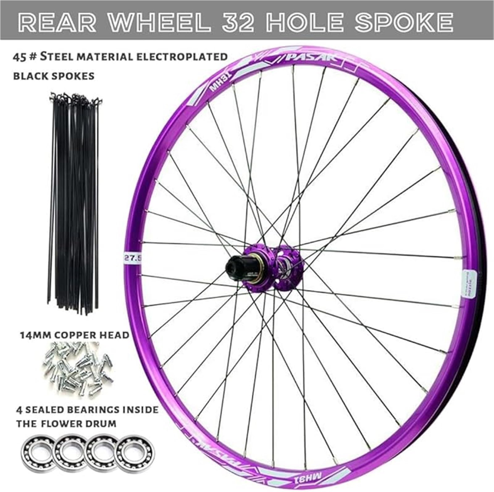 Para kół rower górski 26 27,5 29 cali, koła rowerowe górskie stop aluminium z tarczą hamulcową do kasety 7/8/9/10/11 biegów 2150G, fioletowe