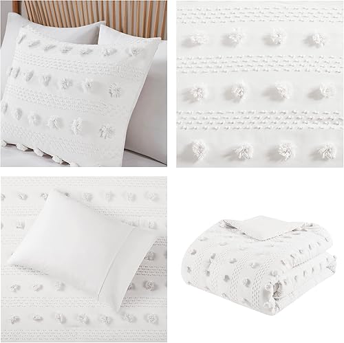 Miniatura 3 de Intelligent Design Juego de edredón tamaño Queen, juego de edredón jacquard recortado elegante con detalles de pompones, juego de cama ligero y
