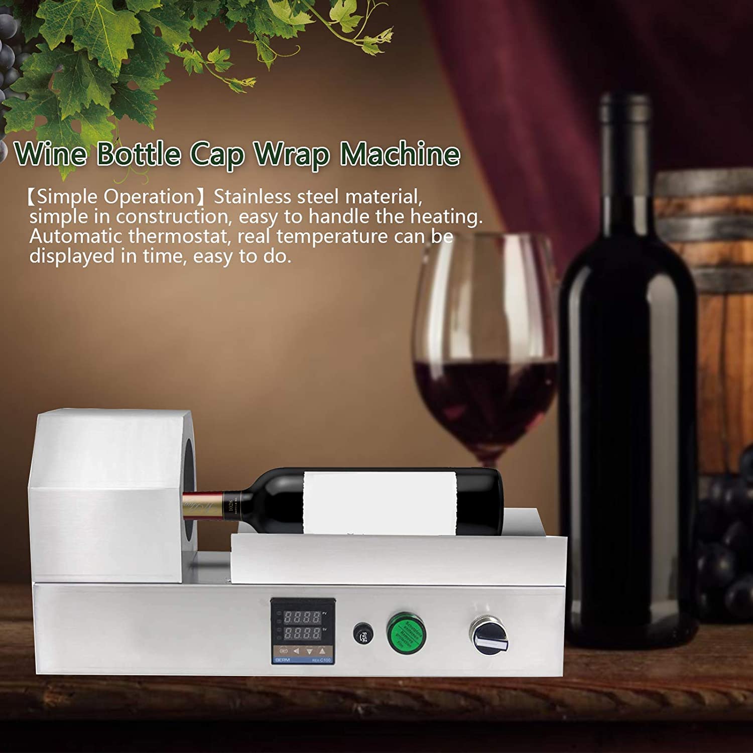 Macchina termoretraibile elettrica, display digitale termostatico, per capsule in PVC fino a 70 mm di diametro, ideale per l'imballaggio di bottiglie di vino