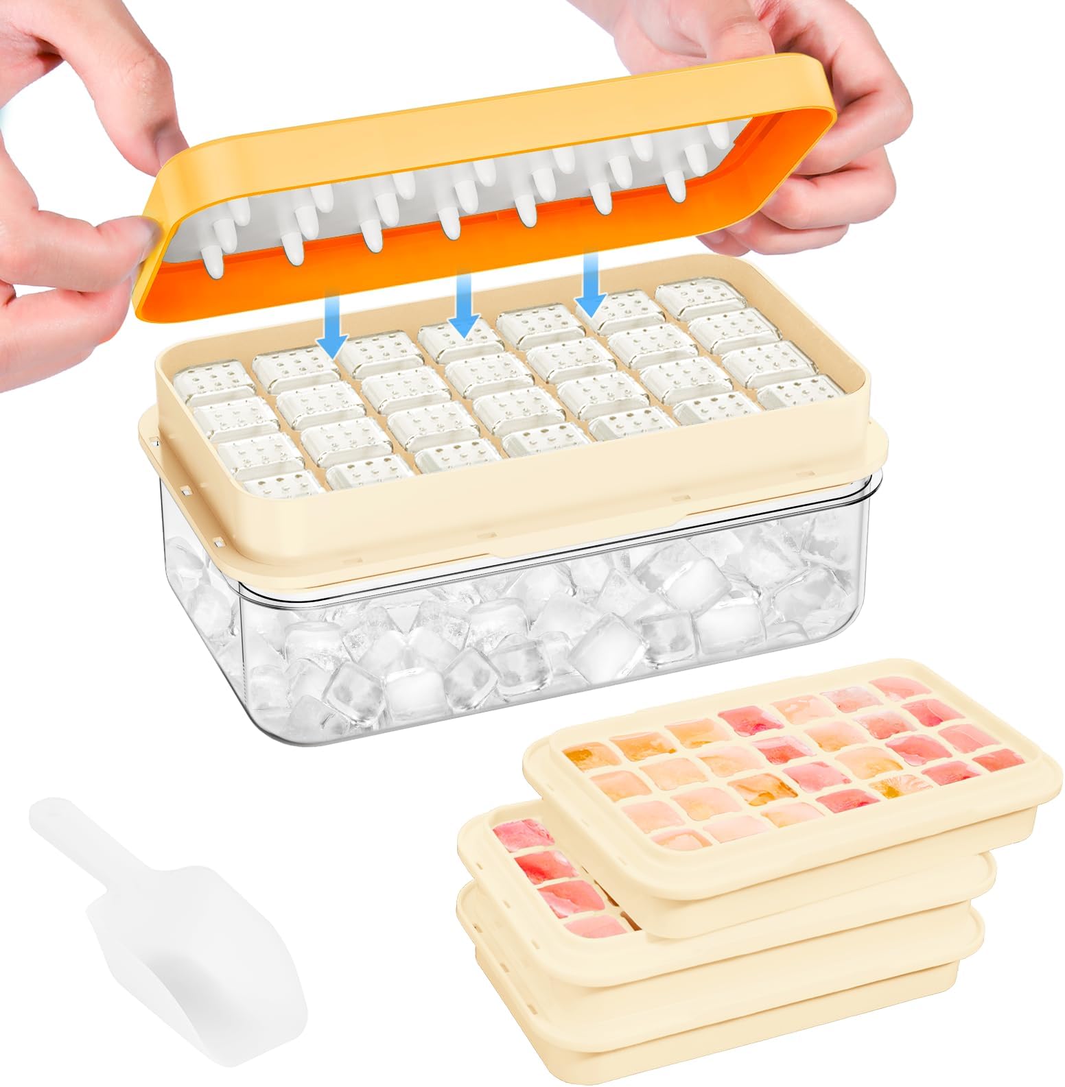 PHINOX Ice Cube Tray with Lid and Bin, 3 Pack Plastic Ice Cube Tray Molds, 84 pcs Ice Trays for freezer, Chilling Drinks, Whiskey & Cocktails, with Ice Container and Ice Scoop, BPA-Free