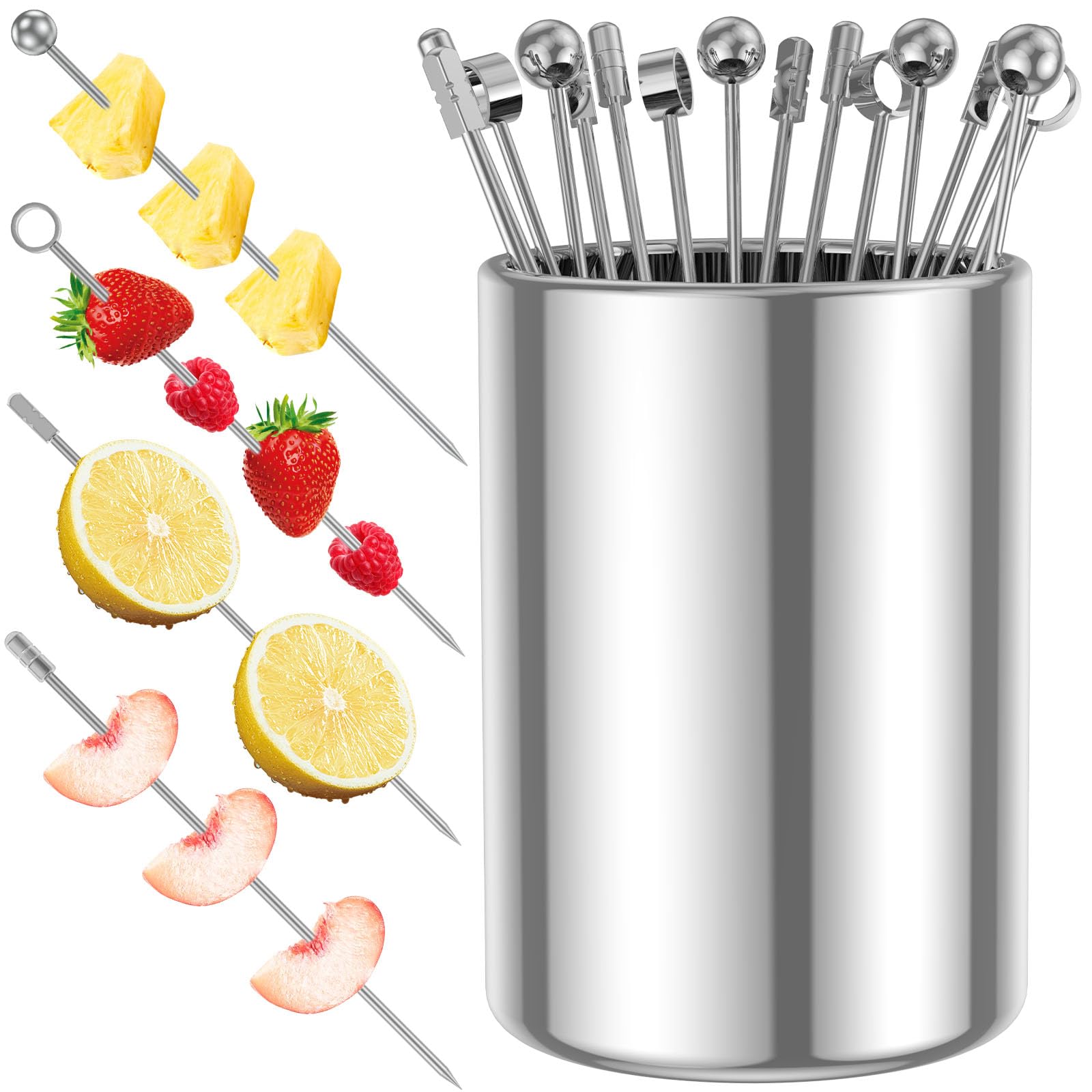 Guniata Silver 20Pcs Cocktail Picks With Holder Kit Stainless Steel Cocktail Toothpicks Reusable Cocktail Skewers Multipurpose Appetizer Skewers Set For Sandwiches Cocktails Olives Appetizers Fruits(Silver)