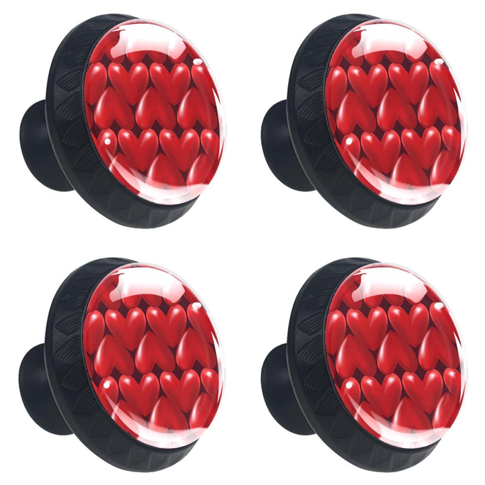 Lot de 4 boutons de tiroir robustes avec vis motif cœurs rouges relief 3D