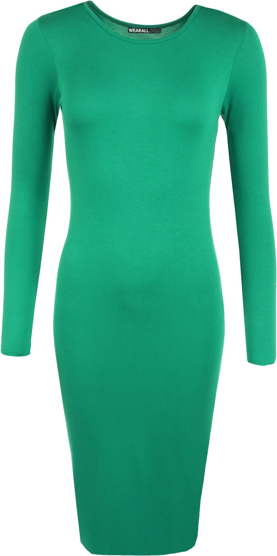 WearAll Womens Bodycon Stretch Plain Long Sleeve Ladies Round Neck Midi Dress - Jade - 8/10