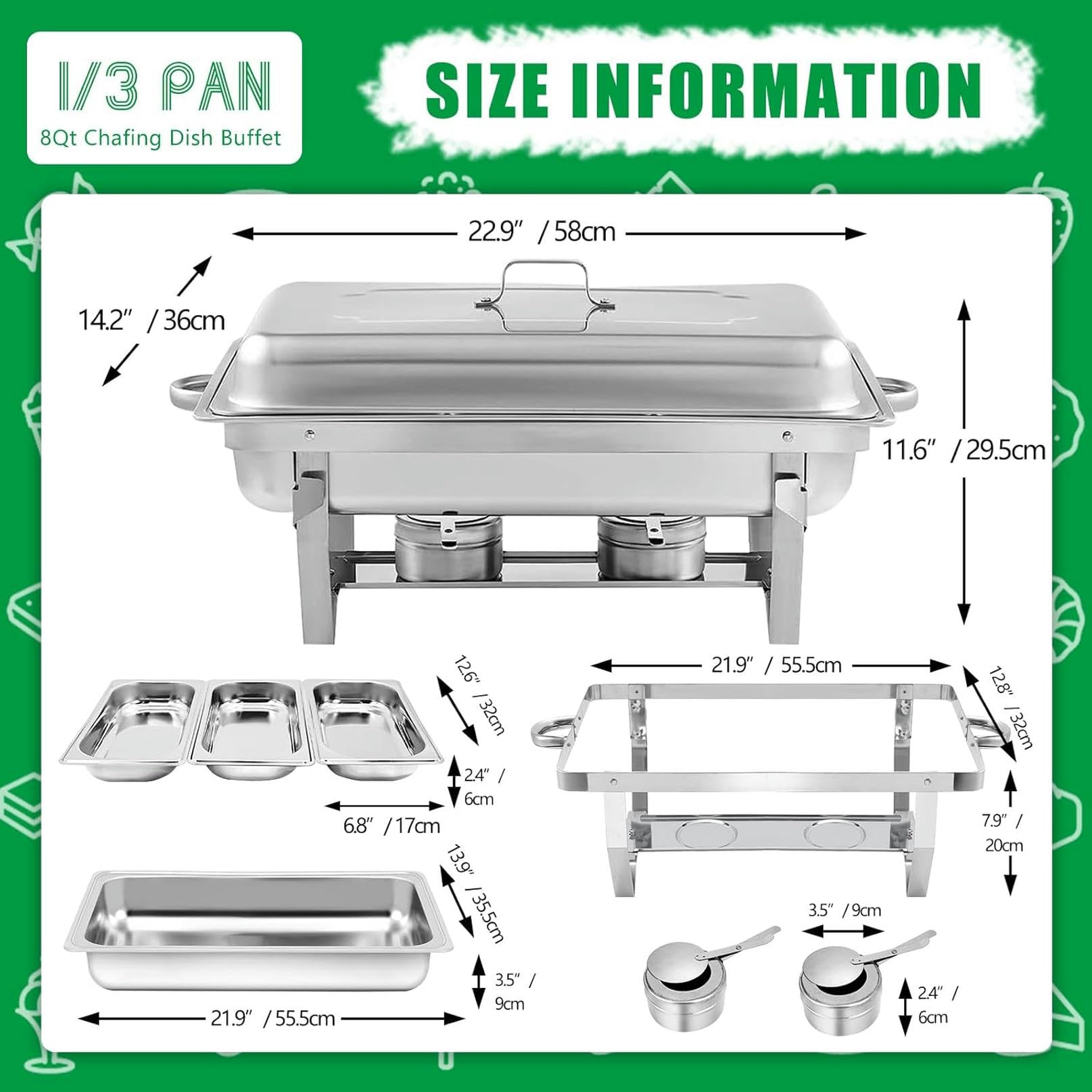 8 Pack Buffet Buffet Buffet, Acero Inoxidable Catering Food Warmer con Bandejas De Comida para El Equipo De Buffet De Boda De Fiesta (4 Paquetes 1/1 Sartén + 4 Paquetes 1/3 Sartén)