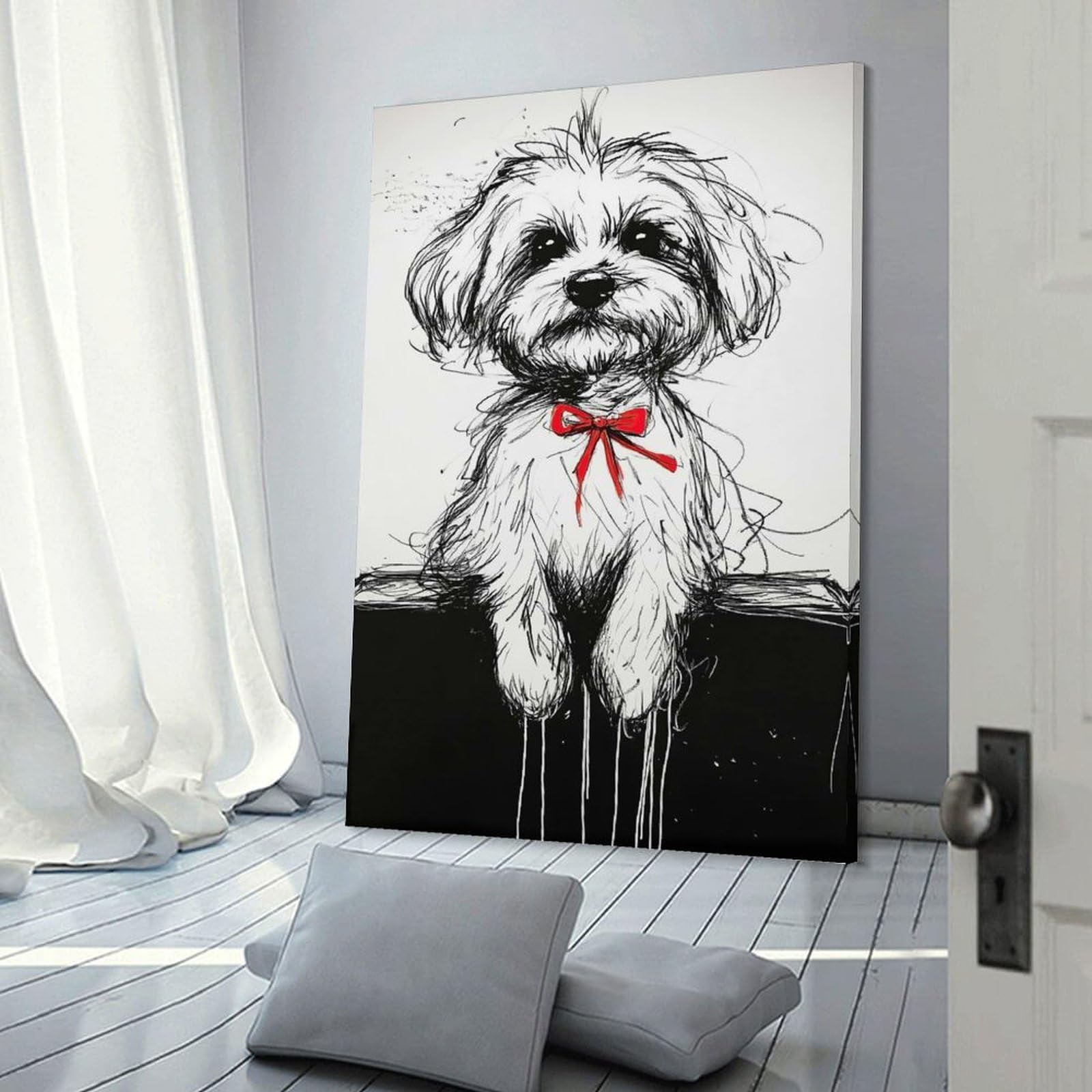 Junmoney Cute Dog with Bow Hanging Wall Art 24x36inch(60x90cm), for New Homes, Bedrooms Or Workspaces, Thoughtful Wall Decor for Art Lovers