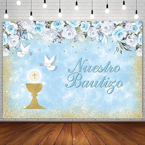 Telón de fondo Mi Bautizo de 8 x 6 pies Nuestro Bautizo Bautizo Bautizo Niña Primera Comunión Oro Bless Decoraciones de Fiesta Rosa Floral Santo
