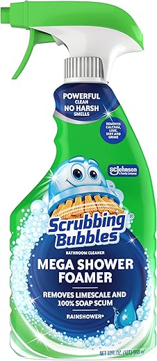 Scrubbing Bubbles Mega Shower Foamer Disinfecting Spray, Multi-Surface Bathroom and Tile Cleaner Grime Fighter, Removes 100% Soap Scum, Rainshower Scent, 32 oz