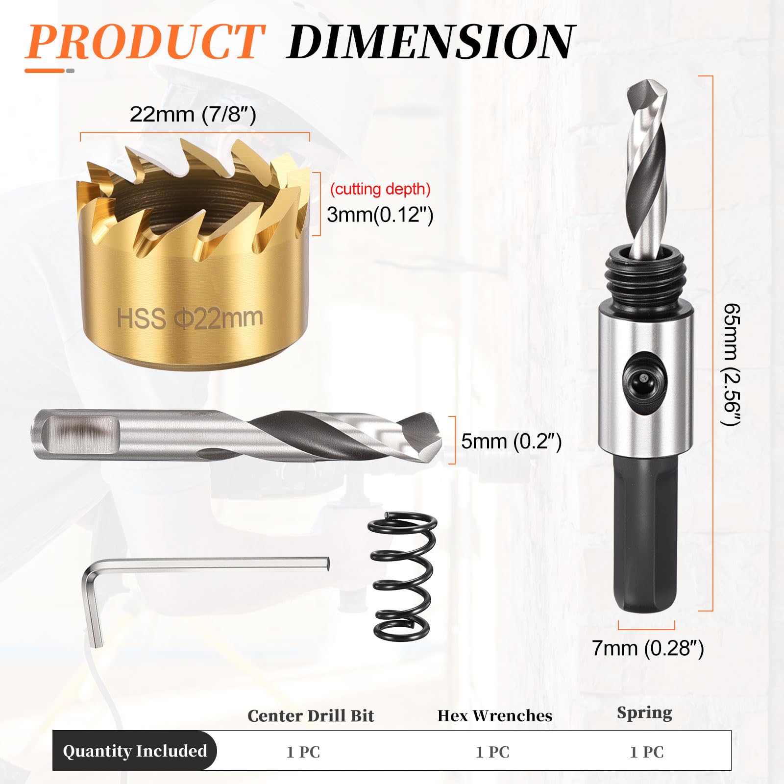 METALLIXITY Hole Saw 22mm (7/8"), 4341 High Speed Steel Hole Cutter with Center Drill Bit, Hex Key and Spring - Image 2