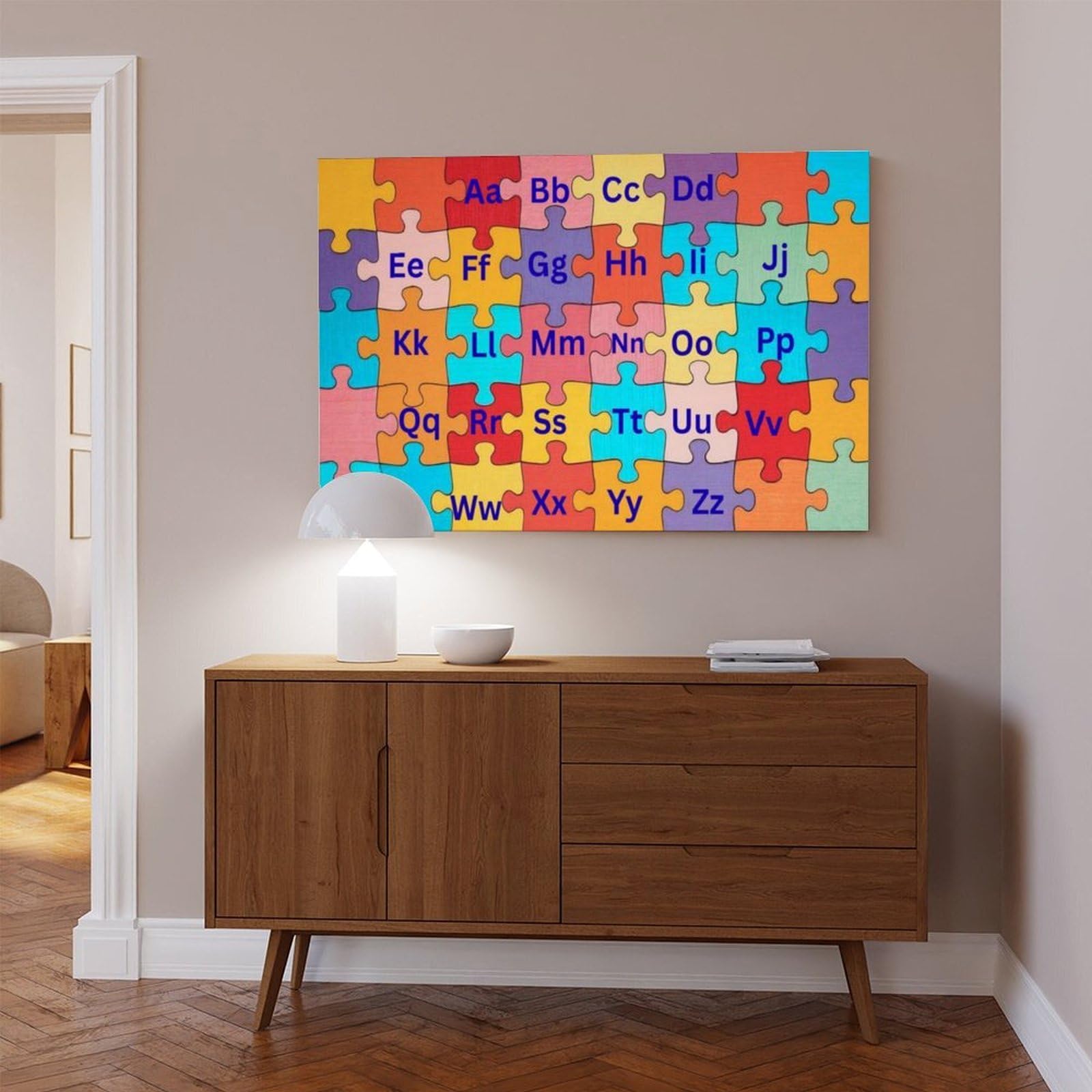 Décoration éducative en forme de lettres de l'alphabet pour enfants dans un puzzle - Poster sur toile - Décoration de chambre à coucher, bureau, chambre - Cadeau - 40 x 60 cm
