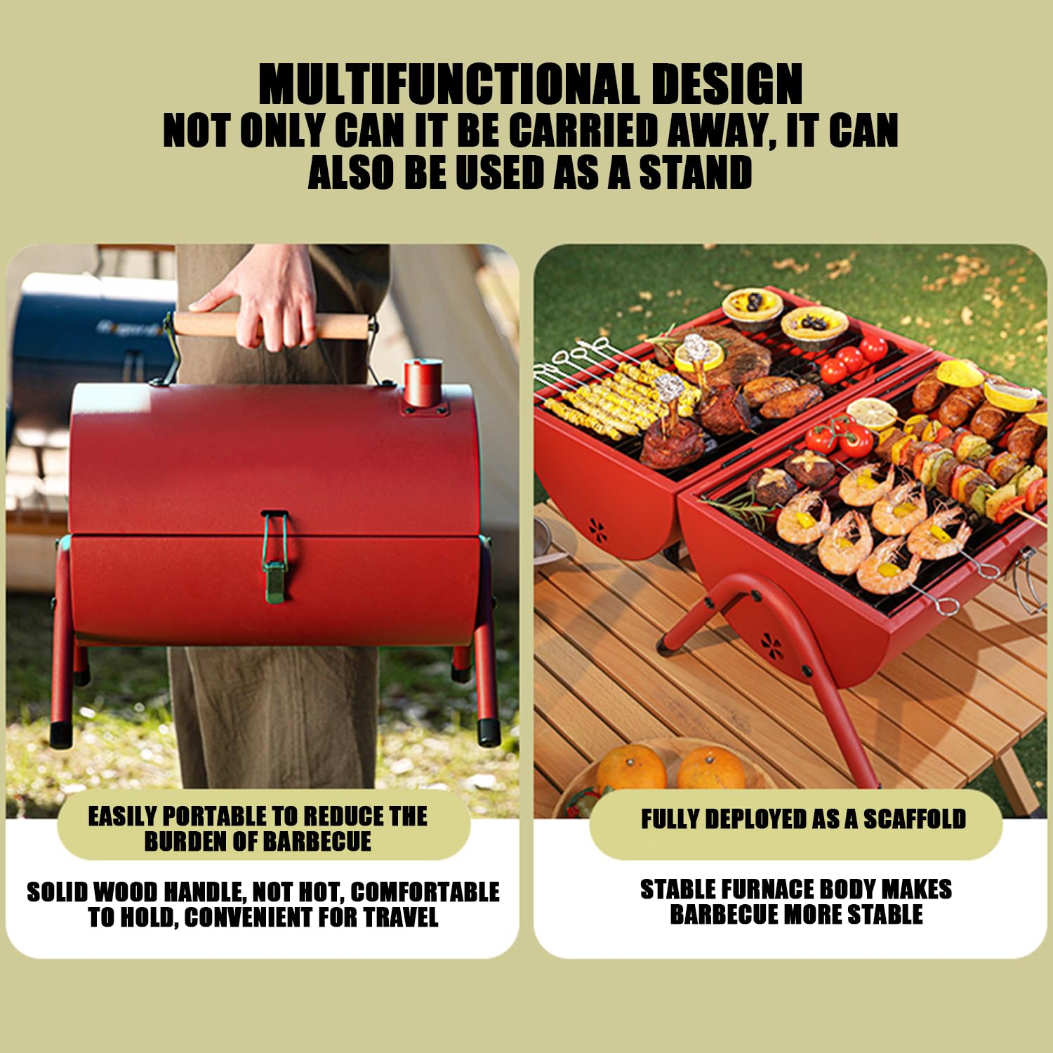 Barbecue portatile 3 in 1 con coperchio per affumicatore, grande griglia a carbone per arrostire e stufare, ideale per scrivania, campeggio, blu