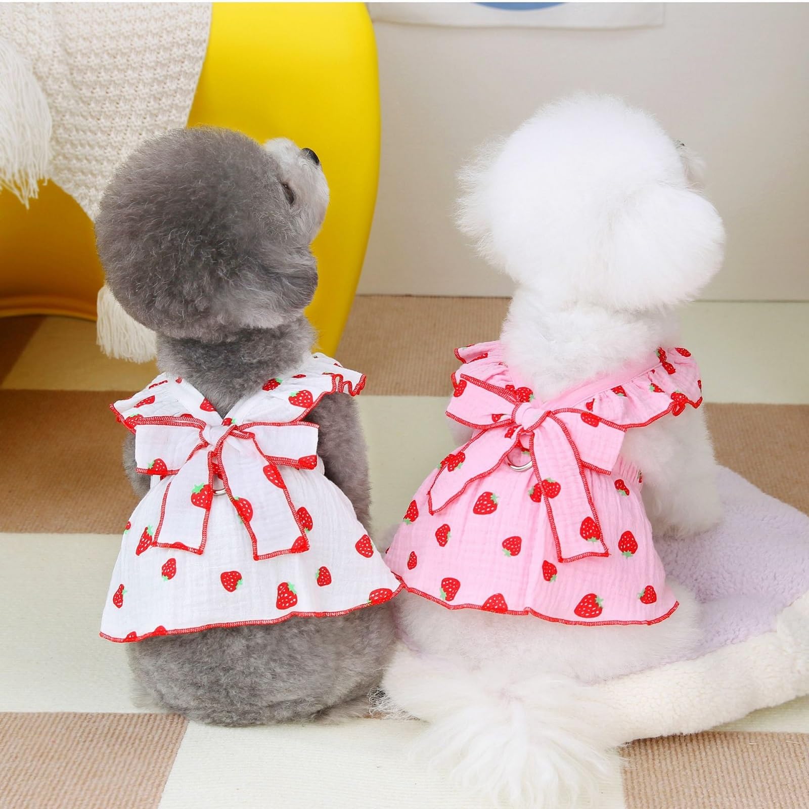 Kunyeah Girl Dog Dresses Pet Strawberries Princess Dress Summer Sleeveless Puppy Clothes Cat Bow Decor Costume with Leash Ring Breathable Vest for Small Medium Pet (White - Image 3