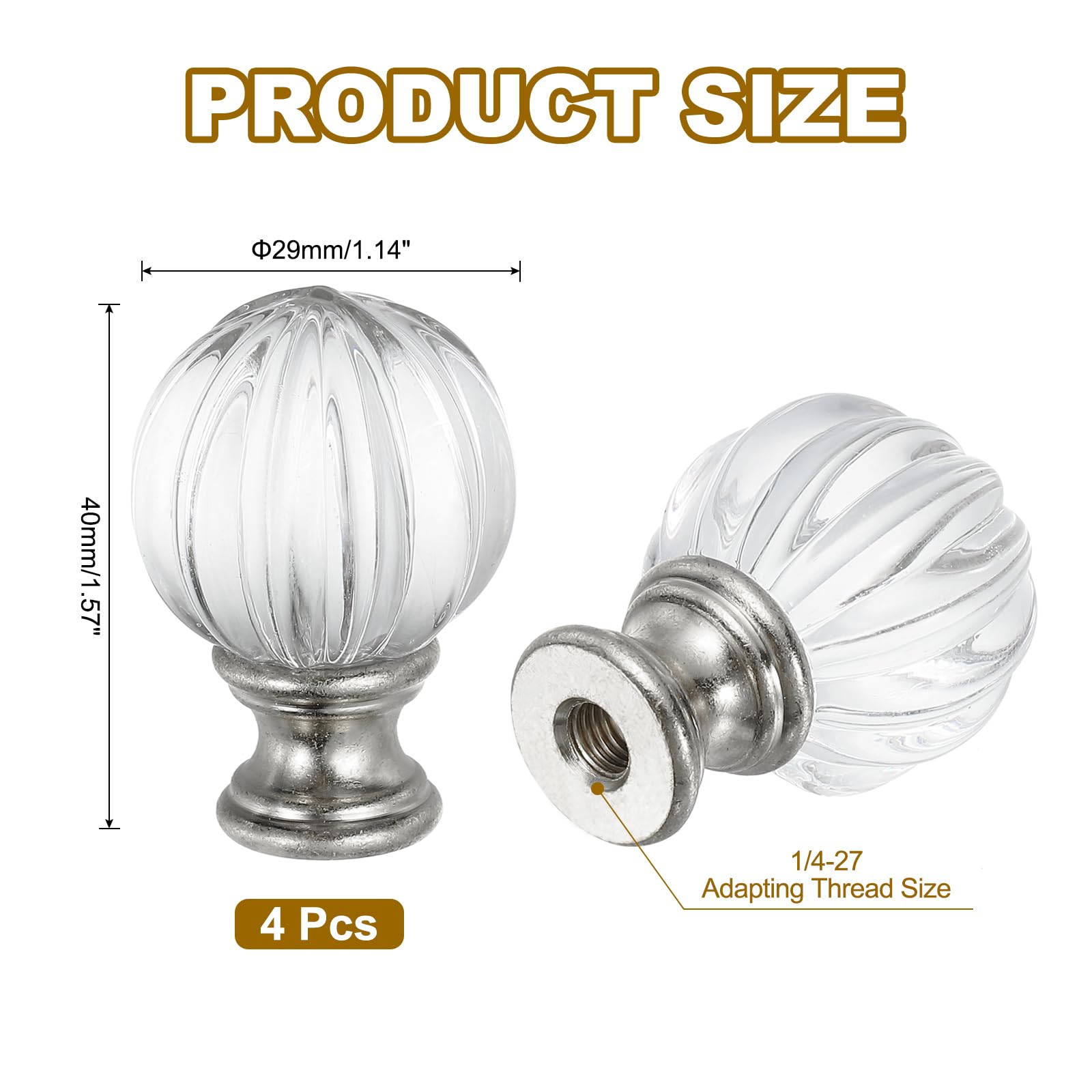 PATIKIL 1/4-27 Lamp Finial Cap for Lampshade Harp Top 4Pcs Cap Nut Screw Cap Knob Clear Pumpkin Ball Shaped Crystal Lamp Shade Decoration for Table Floor Lamp Silver Tone - Image 2