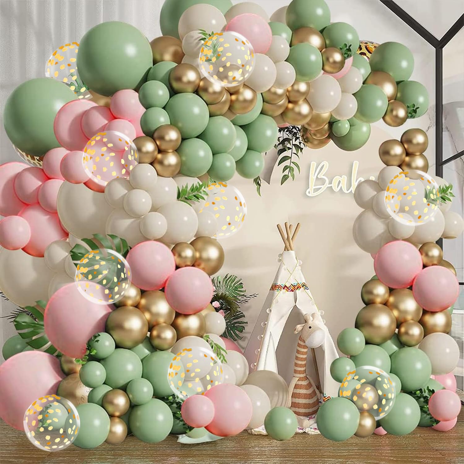 Zestaw łuków balonowych w kolorze zielono-różowego szałwia, oliwkowozielony, jasnoróżowy, piaskowy, biały, rumieniec, metaliczne złote balony ze złotymi balonami z konfetti, na urodziny, las, baby
