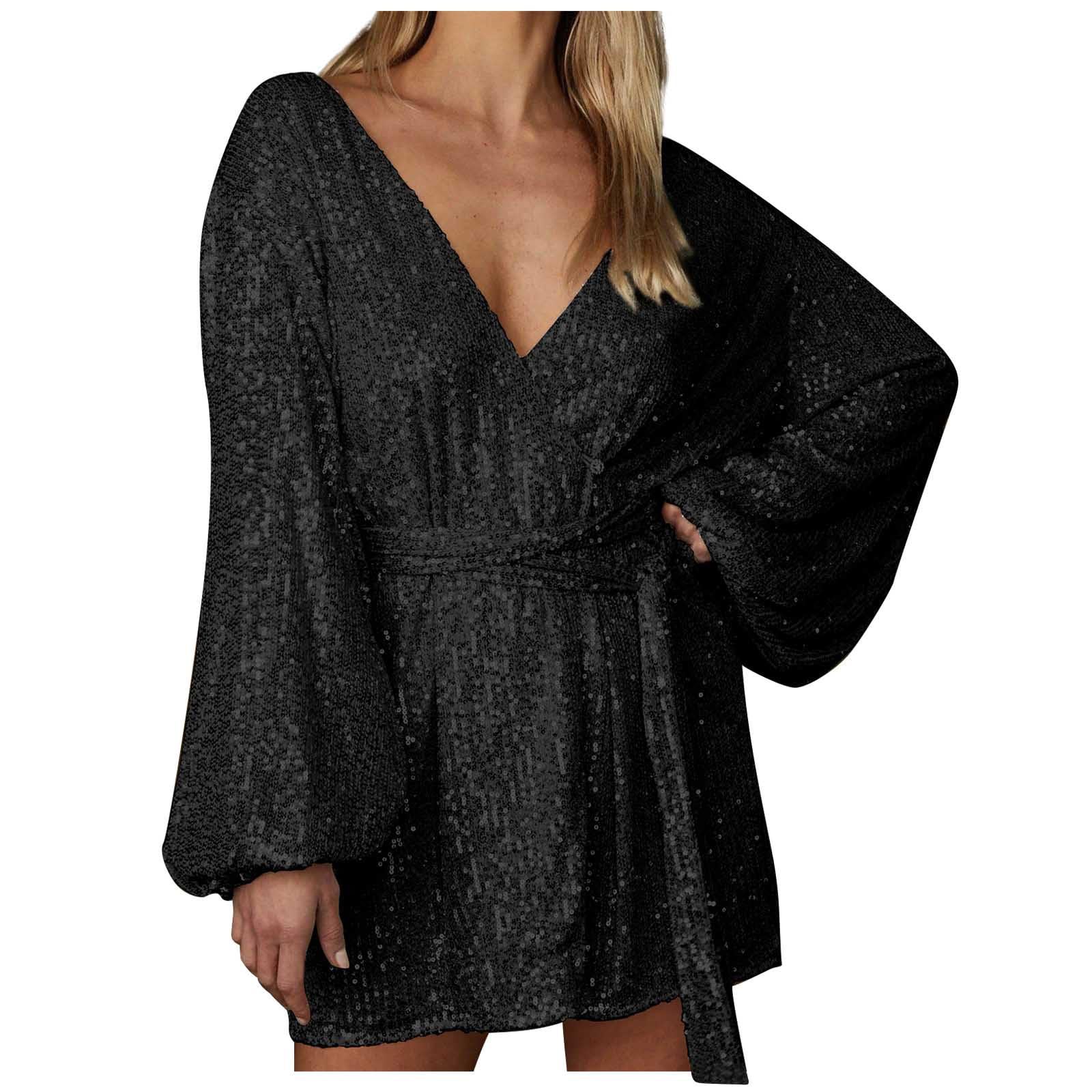 Womens Glitter Dress Wrap V Neck Long Sleeve Swing Club Cocktail Mini Dresses Sequin Sparkle Dress Christmas Dress