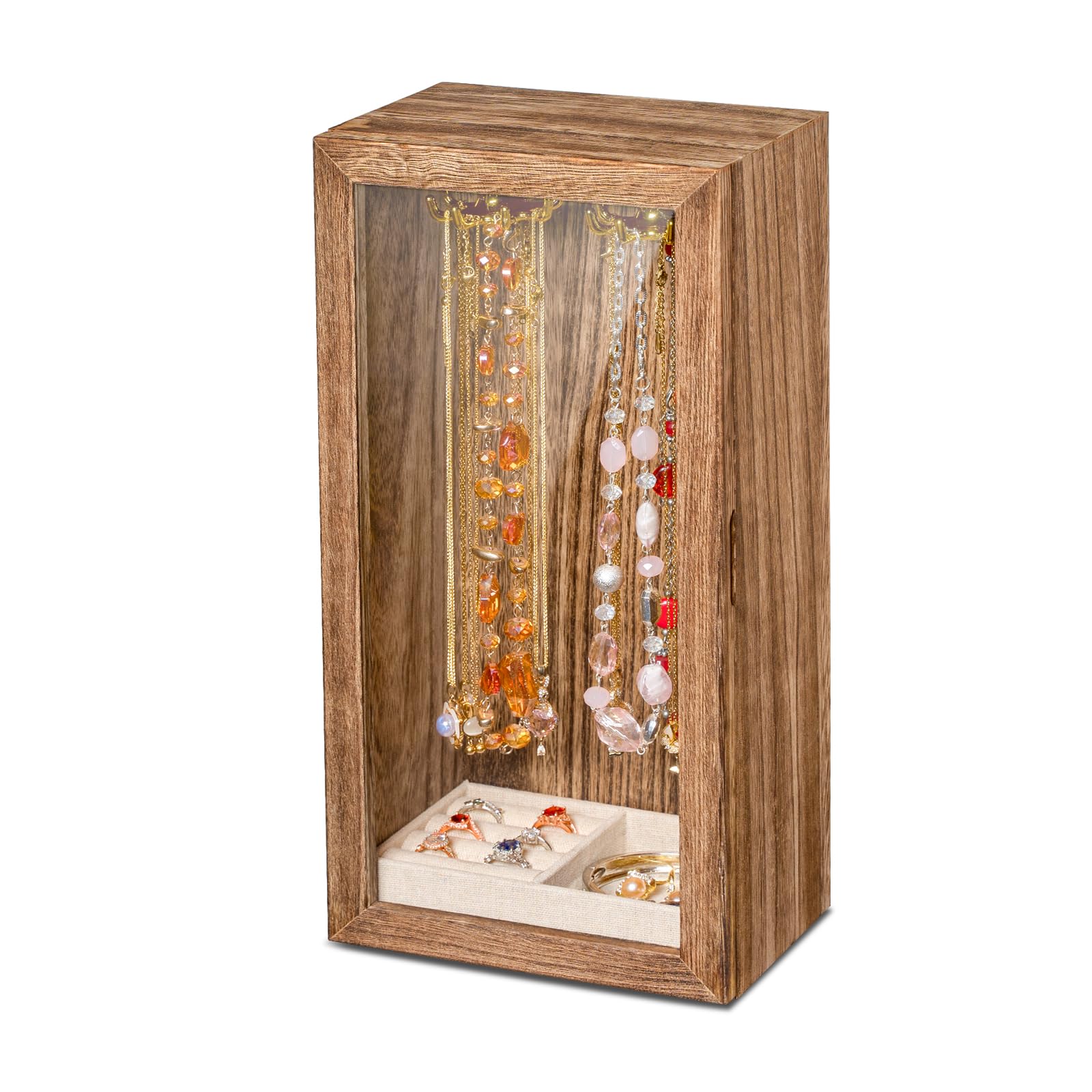 amoard Schmuckaufbewahrungsbox für Halsketten und Armbänder, mit transparentem Fenster, verhedderungsfrei, ideale Präsentationsbox für Damen und Mädchen (Braun)