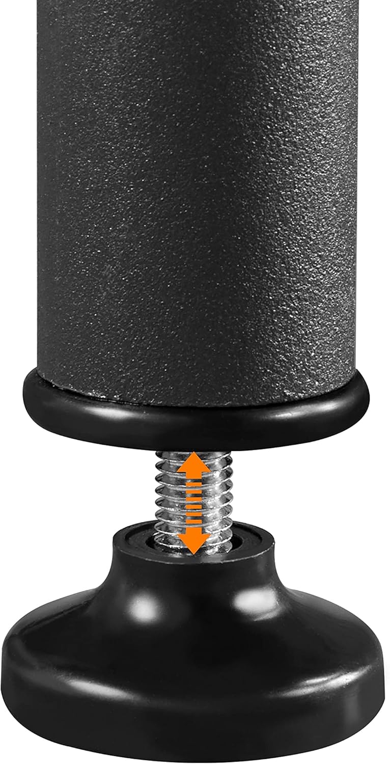 Close-up of the adjustable leveling foot with arrows indicating height adjustment.