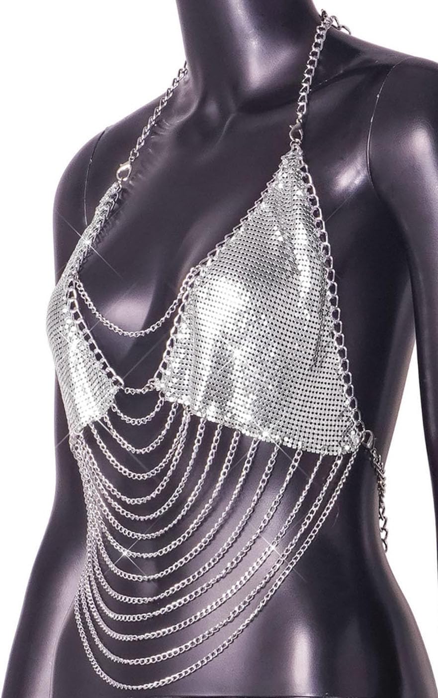 Sequin Tassel Silver Body Chain Halter Crop Tank Top Shirt Rhinestone Cami Crystal Bra Sleeveless Sparkly Backless Vest Camisole Jewelry for Women