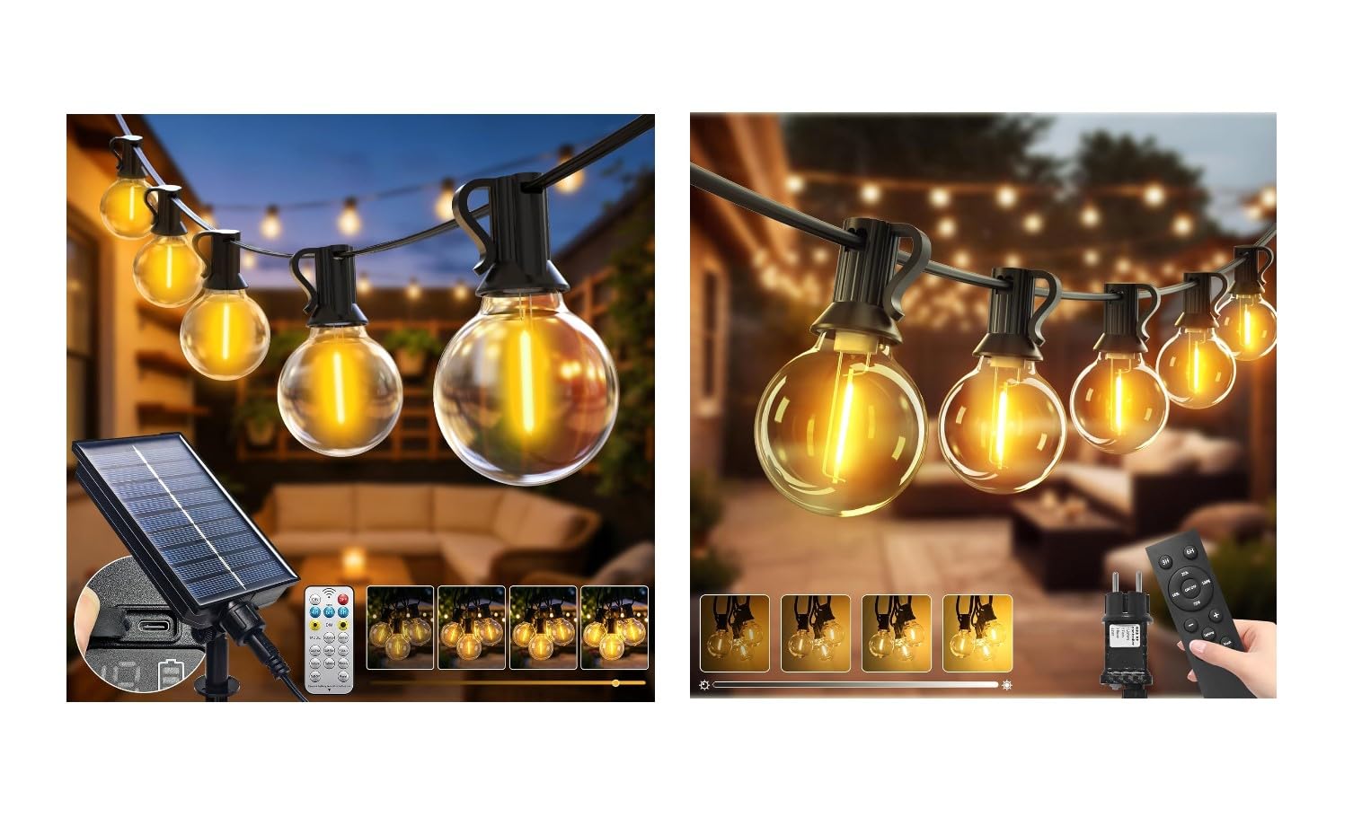 btfarm 20M G40 Catena Luminosa Esterno Solare con Telecomando + 10M Catena Luminosa Esterno con Telecomando, G40 LED Lampadine Impermeabile 3 Modalità Dimmerabile